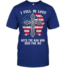 Load image into Gallery viewer, I fell in love with the man who died for me Winnipeg Jets jesus cross wings shirt