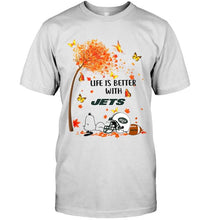 Load image into Gallery viewer, Life is better with New York Jets snoopy sleeping under autumn tree shirt