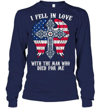 Load image into Gallery viewer, I fell in love with the man who died for me Winnipeg Jets jesus cross wings shirt