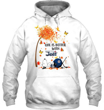 Load image into Gallery viewer, Life is better with Winnipeg Jets snoopy sleeping under autumn tree hoodie