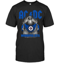 Load image into Gallery viewer, Ac dc skeleton holds Winnipeg Jets flag t shirt