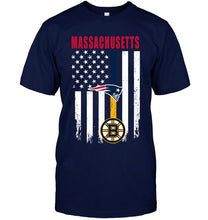Load image into Gallery viewer, Massachusetts New England Patriots Boston Bruins american flag shirt