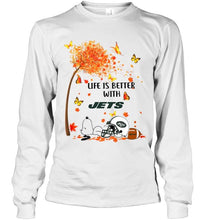Load image into Gallery viewer, Life is better with New York Jets snoopy sleeping under autumn tree shirt