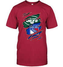 Load image into Gallery viewer, New York Jets and New York Rangers layer under ripped shirt