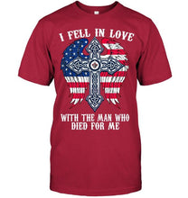 Load image into Gallery viewer, I fell in love with the man who died for me Winnipeg Jets jesus cross wings shirt