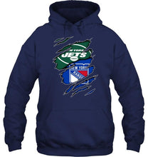 Load image into Gallery viewer, New York Jets and New York Rangers layer under ripped shirt