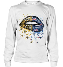 Load image into Gallery viewer, New England Patriots and Boston Bruins glitter pattern sexy lips t shirt
