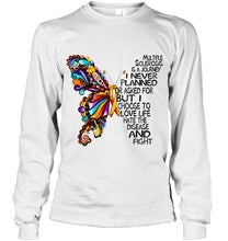 Load image into Gallery viewer, Multiple Sclerosis journey i never planned i choose to love life hate disease &amp; fight butterfly ribbon shirt