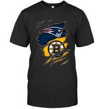 Load image into Gallery viewer, New England Patriots and Boston Bruins layer under ripped shirt