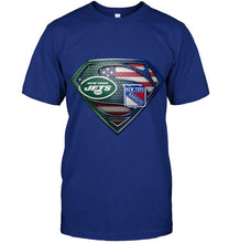 Load image into Gallery viewer, New York Jets and New York Rangers superman american flag layer shirt