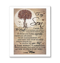 Load image into Gallery viewer, Mom to son tree I wish you the strength adventure on your journey listen to your heart proud of you canvas