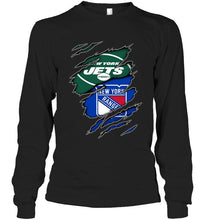 Load image into Gallery viewer, New York Jets and New York Rangers layer under ripped shirt