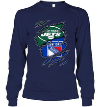 Load image into Gallery viewer, New York Jets and New York Rangers layer under ripped shirt