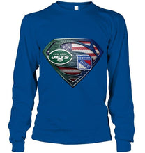Load image into Gallery viewer, New York Jets and New York Rangers superman american flag layer shirt