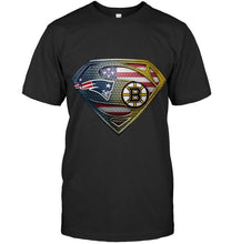 Load image into Gallery viewer, New England Patriots and Boston Bruins superman american flag layer shirt