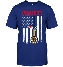 Load image into Gallery viewer, Massachusetts New England Patriots Boston Bruins american flag shirt