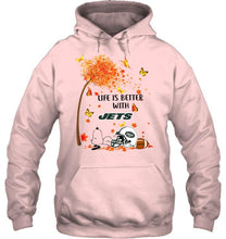 Load image into Gallery viewer, Life is better with New York Jets snoopy sleeping under autumn tree shirt