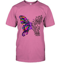 Load image into Gallery viewer, Lupus journey i never planned i choose to love life hate disease &amp; fight butterfly ribbon shirt