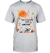 Load image into Gallery viewer, Life is better with New York Jets snoopy sleeping under autumn tree shirt