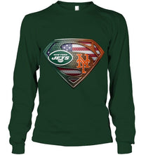 Load image into Gallery viewer, New York Jets and New York Mets superman american flag layer shirt