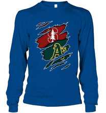 Load image into Gallery viewer, Stanford Cardinal and Oakland Athletics layer under ripped shirt