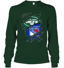 Load image into Gallery viewer, New York Jets and New York Rangers layer under ripped shirt