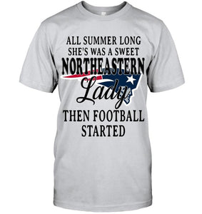 All summer long she's sweet northeastern lady then football started New England Patriots shirt