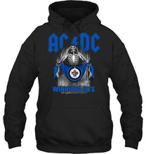 Load image into Gallery viewer, Ac dc skeleton holds Winnipeg Jets flag t shirt