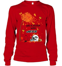 Load image into Gallery viewer, Life is better with New York Jets snoopy sleeping under autumn tree shirt