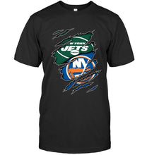 Load image into Gallery viewer, New York Jets and New York Islanders layer under ripped shirt