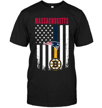 Load image into Gallery viewer, Massachusetts New England Patriots Boston Bruins american flag shirt