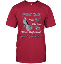 Load image into Gallery viewer, New England Patriots girl i am who i am your approval isn't needed high heel lips diamond glitter pattern t shirt