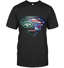 Load image into Gallery viewer, New York Jets and New York Rangers superman american flag layer shirt