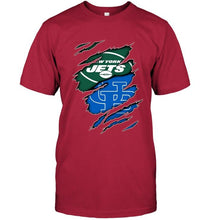 Load image into Gallery viewer, New York Jets and Buffalo Bulls layer under ripped shirt