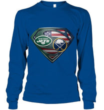 Load image into Gallery viewer, New York Jets and Buffalo Sabres superman american flag layer shirt