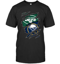 Load image into Gallery viewer, New York Jets and Buffalo Sabres layer under ripped shirt