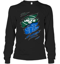 Load image into Gallery viewer, New York Jets and Buffalo Bulls layer under ripped shirt