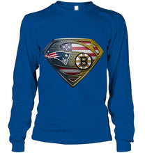 Load image into Gallery viewer, New England Patriots and Boston Bruins superman american flag layer shirt