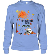 Load image into Gallery viewer, Life is better with New York Jets snoopy sleeping under autumn tree shirt