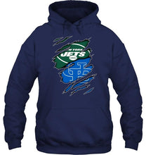 Load image into Gallery viewer, New York Jets and Buffalo Bulls layer under ripped shirt