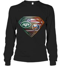 Load image into Gallery viewer, New York Jets and New York Islanders superman american flag layer shirt