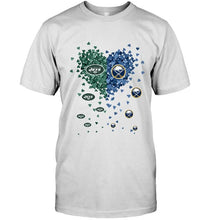 Load image into Gallery viewer, New York Jets and Buffalo Sabres tiny hearts shaped fan shirt