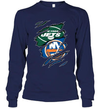 Load image into Gallery viewer, New York Jets and New York Islanders layer under ripped shirt