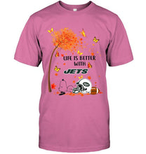 Load image into Gallery viewer, Life is better with New York Jets snoopy sleeping under autumn tree shirt