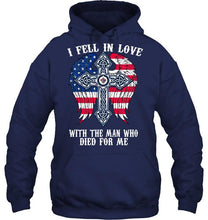 Load image into Gallery viewer, I fell in love with the man who died for me Winnipeg Jets jesus cross wings shirt