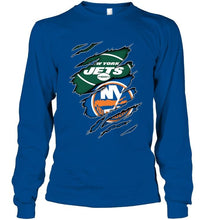 Load image into Gallery viewer, New York Jets and New York Islanders layer under ripped shirt