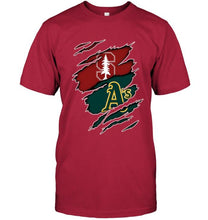 Load image into Gallery viewer, Stanford Cardinal and Oakland Athletics layer under ripped shirt