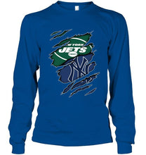 Load image into Gallery viewer, New York Jets and New York Yankees layer under ripped shirt