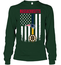 Load image into Gallery viewer, Massachusetts New England Patriots Boston Bruins american flag shirt