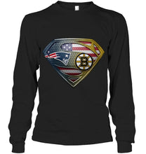 Load image into Gallery viewer, New England Patriots and Boston Bruins superman american flag layer shirt